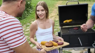 Cute Maya takes two big cocks during hot summer BBQ